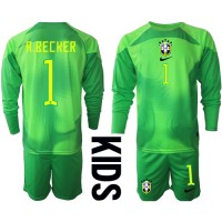 Koszulka piłkarska Brazylia Alisson Becker #1 Bramkarska Strój wyjazdowy dla dzieci MŚ 2022 tanio Długi Rękaw (+ Krótkie spodenki)